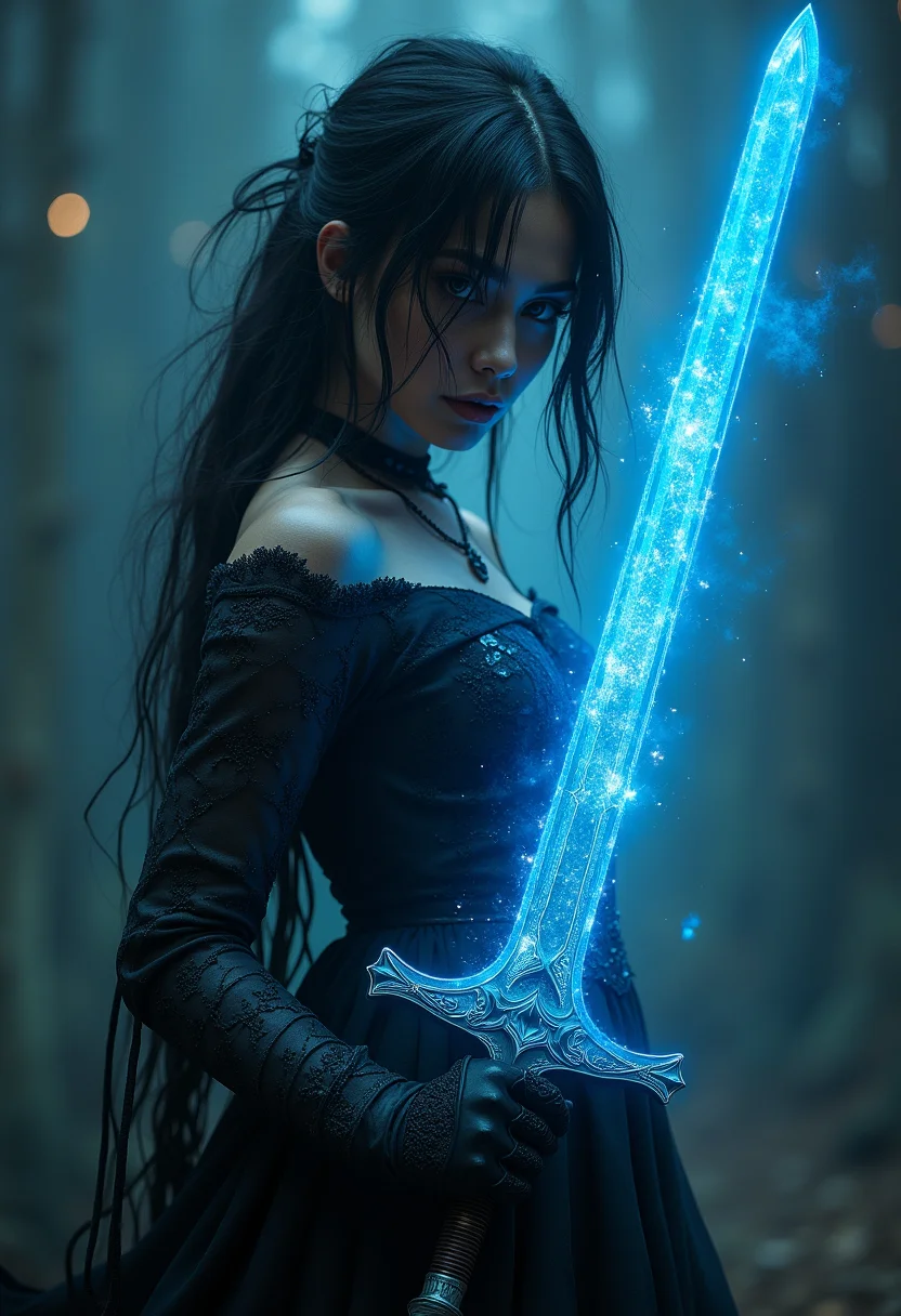 Detailed, masterpiece, professional, bold colors, awe inspiring, photography inspired by Jeremy Mann and Kelly McKernan, 30mm shot, action scene, HDR, bloodborne themed, epic atmosphere, female warrior against impossible odds, gloomy, Victorian era, holding cosmic infused lovecraftian sword, feminine, inspired by Agnes Cecile, etched sword, blue glowing aura, cosmic eyes