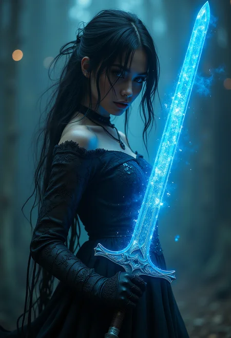 Detailed, masterpiece, professional, bold colors, awe inspiring, photography inspired by Jeremy Mann and Kelly McKernan, 30mm shot, action scene, HDR, bloodborne themed, epic atmosphere, female warrior against impossible odds, gloomy, Victorian era, holding cosmic infused lovecraftian sword, feminine, inspired by Agnes Cecile, etched sword, blue glowing aura, cosmic eyes