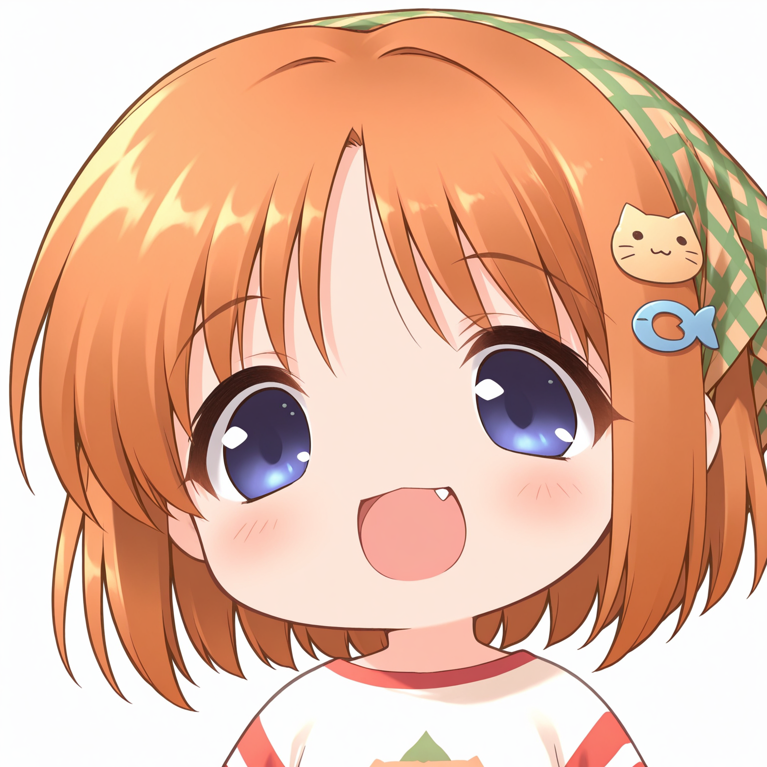 masterpiece,best quality,newest,absurdres,highres,1girl,no nose,solo,mutsuki face \(blue archive\),portrait,chibi,<lora:mutsukifacebaillusxl:0.8>,
:d,happy,fang,
BREAK <lora:Yamato_Suzuran_illuV01_b3g2plw1c2wd075_d32a16_lr1200y900_rs3_rvs:1>,YmtSzr_Suigetsu,
orange brown hair,short hair,parted bangs,head scarf,checkered scarf,blue eyes,white shirt,striped sleeves,cat hair ornament,fish hair ornament,