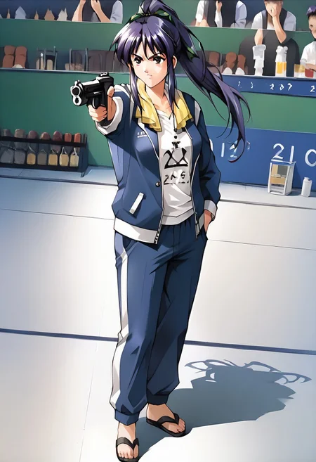 score_9, score_8_up, score_7_up, best quality, intricate details, source_anime, BREAK 1girl, solo, takabe, yellow towel around neck,open towel, dark blue track jacket, open clothes, white shirt, tucked in, dark blue track pants, black sandals, standing, holding weapon, holding gun, handgun, hand in pocket, aiming, <lora:YusufDikecGunPose_pdxl_Incrs_v1:1>, detail face