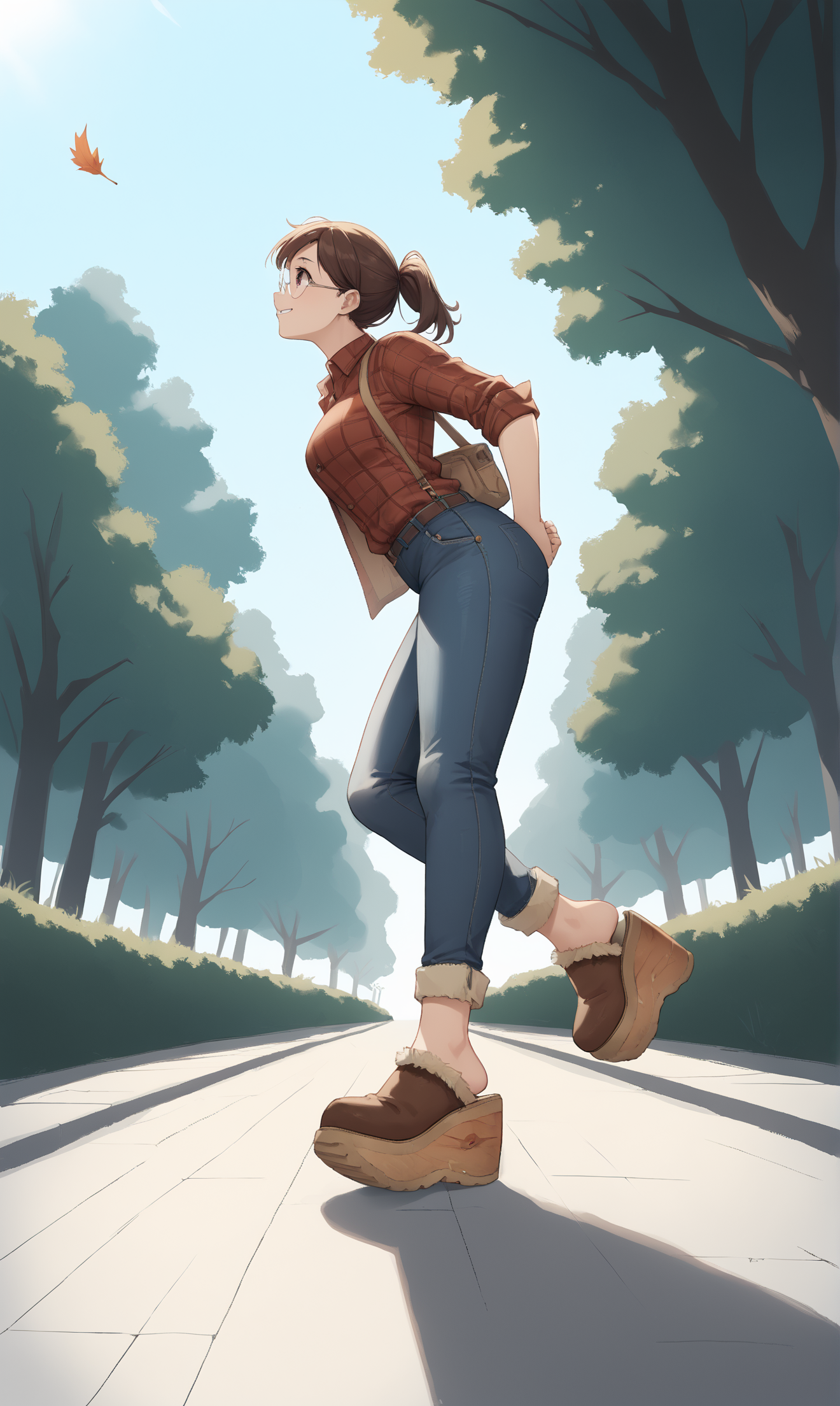 score_9, score_8_up, score_7_up, score_6_up, source_anime,
low angle, from below, from side,
autumn, outdoors, park,
1girl, 
walking, arms out, looking up, happy,
flannel shirt, jeans, round glasses, ponytail, brown hair,
sherpa clogs, platform footwear,
embedding:zPDXLrl ,
embedding:zPDXL2 ,