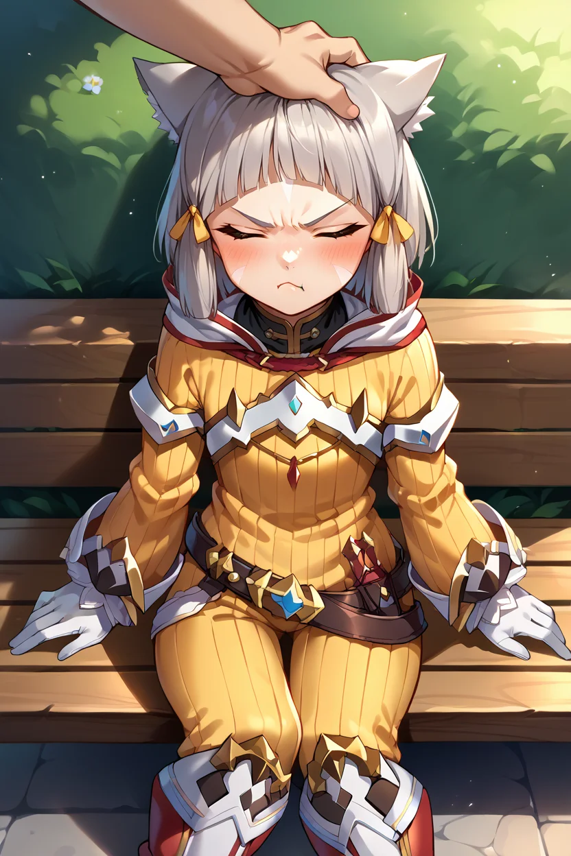 score_9, score_8_up, score_7_up, score_6_up, source_anime BREAK 1girl, <lora:nia-pdxl-nvwls-v1-000006:1> xc2Nia, cat ears, grey hair, short hair, blunt bangs, facial mark, hair ribbon, yellow bodysuit, long sleeves, belt, white gloves, boots, closed eyes, pout, blush, headpat <lora:Headpat_XLPD:0.6> pov hands <lora:Pout_XLPD:0.5> pout, :t, closed mouth, sitting, bench, park