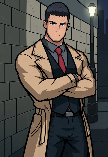masterpiece, best quality, absurdres, captivating scene, official art,  

1boy, gay, yaoi, male, male only, man, male focus, solo,  

(Bara, muscular, humplex_detective, black hair, thick brows, forehead scar, cleft chin, tan trench coat, black vest, grey button up, red necktie, black pants, black belt)  

outdoors, (street, night time), dynamic angle, dim lighting, dynamic pose,  

(Standing, arms crossed, looking at viewer, brow raised, stern expression),