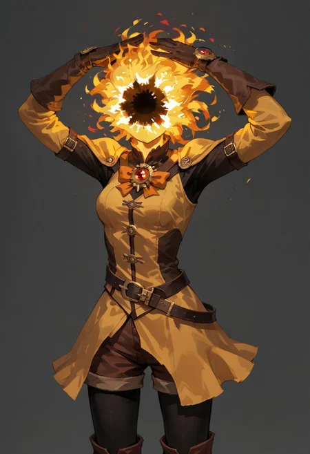 score_9, score_8_up, score_7_up, solo,
lord_of_frenzy, fire head,
crazy,
novakin, faceless, no eyes, no mouth, no nose, no facial features, short fiery yellow orange hair, body made of black plasma,
open hands, hands on face front,
hands on own head, 
upside-down, backflip,
magical girl outfit, (steampunk dress:1.1), boots, (brown shorts:1.1), black tights, medium breasts, belt, gloves, 
simple background, grey background,