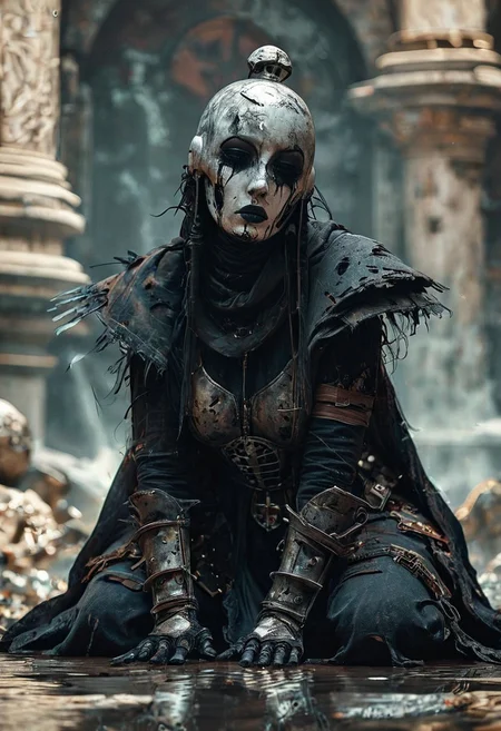 score_9, score_8_up, score_7_up, female gothic sexbomb knight , portrait, kneeling, defeated, tired, gothic armor, open helmet, temple, reflections, highly detailed, film grain, <lora:zy_Realism_Enhancer_v1:0.75>