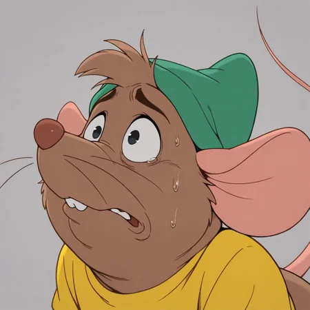 masterpiece, best quality, amazing quality, gusgus, male, furry male, solo, anthro, mouse, brown fur, short hair, black eyes, brown nose, whiskers, buck teeth, tail, chubby, green hat, yellow shirt, afraid, scared, close-up, portrait, grey background