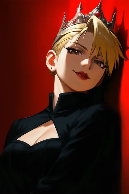 1girl, riza hawkeye, fullmetal alchemist, oil painting \(medium\), sensitive,
head tilt, pointed crown, crown, headpiece, queen,
brown eyes, black eyeliner, makeup,
parted lips, looking at viewer, looking down, seductive smile, red lipstick, red lips,
black clothing, long sleeves, triangle cleavage cutout,
dominant, femdom,
upper body, solo, against wall,
best quality, very awa, highres, newest