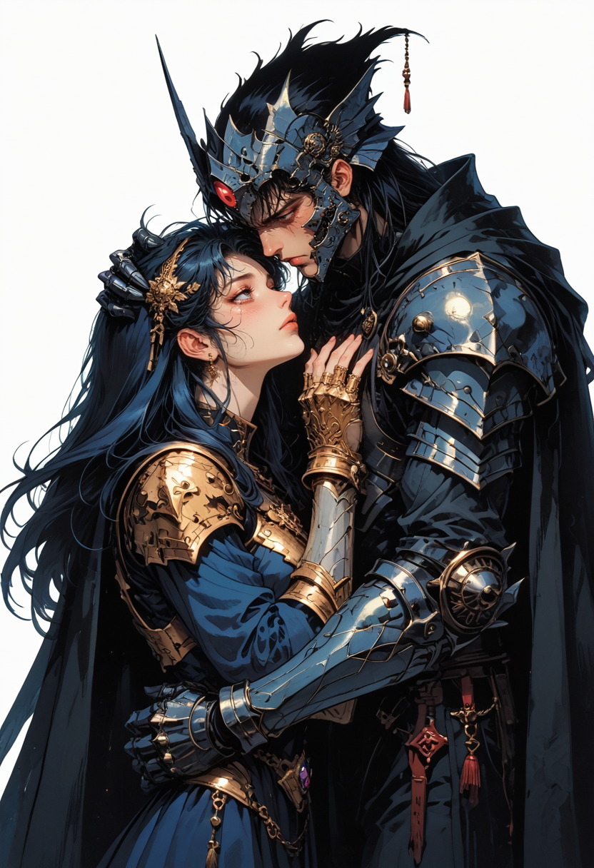 score_9, score_8_up, score_7_up, 1boy, side view, 1girl, very long hair, hug, half-closed eyes, tears, hand on head, embrace, looking at one another, ribcage,  princess, hair ornament, simple background, white background,  cowboy shot, black cape, spot color, armor, helmet, shoulder armor, gauntlets, pauldrons, breastplate, full armor, ambiguous gender, flat, retro, dated, f3nn3r, dark theme, gloomy, <lora:sdxl_lightning_8step_lora:1> <lora:Art_Adams_Style_Pony_XL:0.4> <lora:Dark_Anime:0.2> <lora:glowneon_xl_v1:0.4> <lora:nostalgia-000011:0.4>   <lora:Sinozick2:0.4>   <lora:f3nn3rXLP:0.5>  <lora:GRIM_v1:0.2>