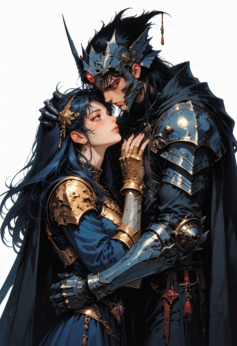 score_9, score_8_up, score_7_up, 1boy, side view, 1girl, very long hair, hug, half-closed eyes, tears, hand on head, embrace, looking at one another, ribcage,  princess, hair ornament, simple background, white background,  cowboy shot, black cape, spot color, armor, helmet, shoulder armor, gauntlets, pauldrons, breastplate, full armor, ambiguous gender, flat, retro, dated, f3nn3r, dark theme, gloomy, <lora:sdxl_lightning_8step_lora:1> <lora:Art_Adams_Style_Pony_XL:0.4> <lora:Dark_Anime:0.2> <lora:glowneon_xl_v1:0.4> <lora:nostalgia-000011:0.4>   <lora:Sinozick2:0.4>   <lora:f3nn3rXLP:0.5>  <lora:GRIM_v1:0.2>