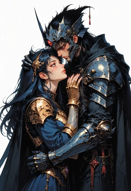 score_9, score_8_up, score_7_up, 1boy, side view, 1girl, very long hair, hug, half-closed eyes, tears, hand on head, embrace, looking at one another, ribcage,  princess, hair ornament, simple background, white background,  cowboy shot, black cape, spot color, armor, helmet, shoulder armor, gauntlets, pauldrons, breastplate, full armor, ambiguous gender, flat, retro, dated, f3nn3r, dark theme, gloomy, <lora:sdxl_lightning_8step_lora:1> <lora:Art_Adams_Style_Pony_XL:0.4> <lora:Dark_Anime:0.2> <lora:glowneon_xl_v1:0.4> <lora:nostalgia-000011:0.4>   <lora:Sinozick2:0.4>   <lora:f3nn3rXLP:0.5>  <lora:GRIM_v1:0.2>