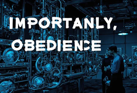 the words 'IMPORTANTLY, OBEDIENCE' written in large font fills the front of frame. In the back of frame weird man with in a dark room with checkerboard blue lotus PEOPLE ARE trapped inside machinery, people crushed inside mechanical gears, high gore arms crushed and bent, signs of wailing, people in business suits trapped in machinery. floors with blood on the ground with a white interior cyber tech electricity electical circuits illuminati symbols with brains and vaginas with high technology alchemical background lightning bolts