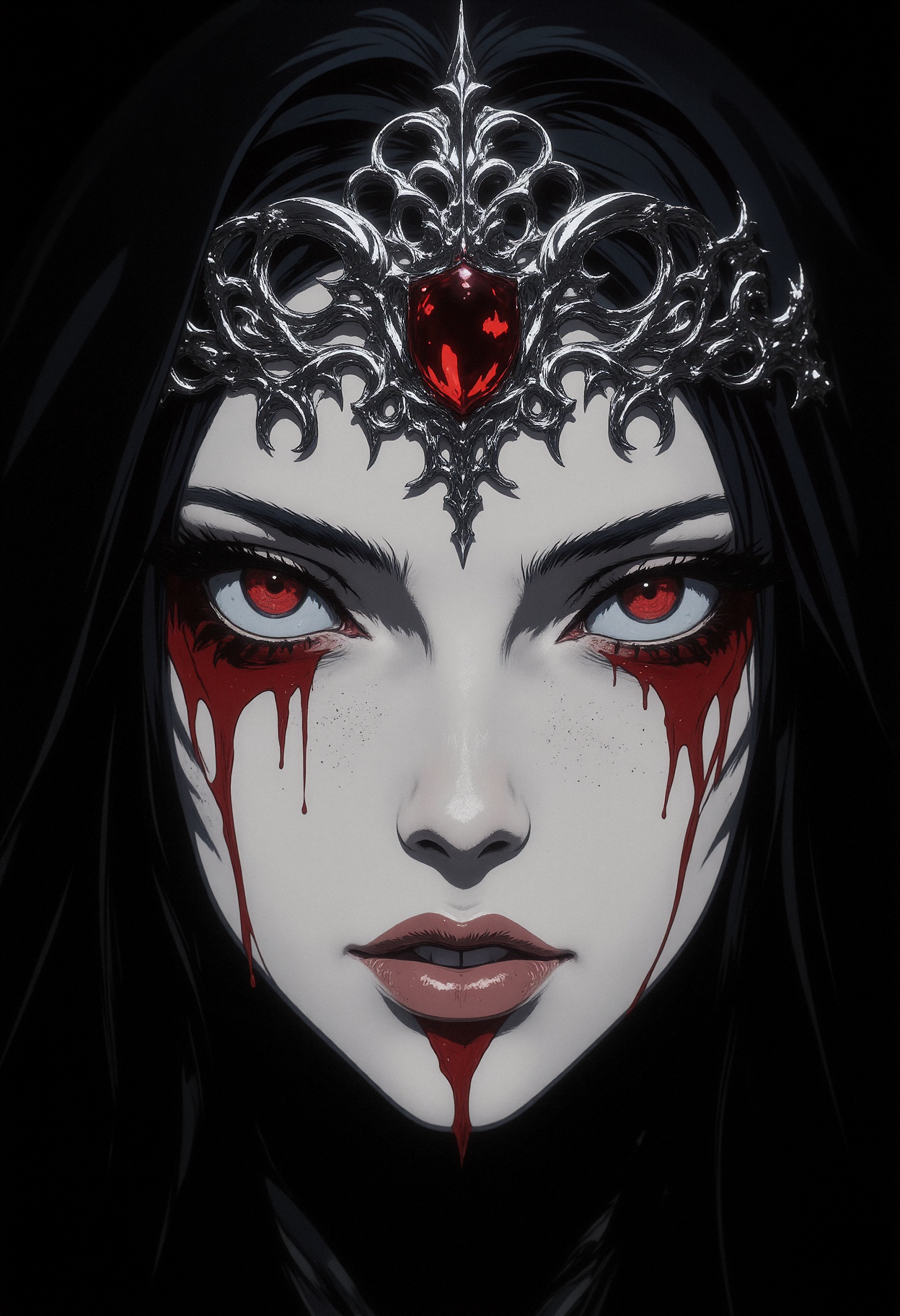 A close-up of a pale womanâs face with smooth white skin. Her lips are dark red and glossy, slightly parted to reveal white teeth. Her eyes are deep red, appearing as if blood is streaming from them. Blood trickles down from the eyes in thick, shiny streams. She is wearing a silver, intricately detailed tiara adorned with a single red gem at the center of her forehead. The tiaraâs design flows around her head, blending with the dark, black hood that surrounds her face. Her expression is solemn, yet hauntingly beautiful. The lighting highlights the contrast between her pale skin and the dark elements of her clothing. The background is a deep black, enhancing the intensity of her features and the overall mood of the image. The overall style is hyper-realistic, with a gothic, dark fantasy atmosphere.    <lora:anime_martzv2:0.53> anime_martz,  <lora:FLUX-daubrez-DB4RZ:0.33> DB4RZ, DB4RZ style painting, <lora:NeonFantasyFLUX:0.73> ne0nfant4sy,