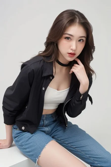 (sport bra, sexy jeans, jacket), collar bone, collar cocker, perfect face shape, (perfect eyes, bright eyes, downing eyes, perfect eyes looking), (fullbody shoot:1.2), {smirk|parted lips}), cleavage, (medium breast:1.2), looking at viewer, (shiny skin, pale skin, clear skin), (messy medium hair : 1.2), focus on face, ((white background, simple background)), (make up, eyelash, blush, red lips), (dinamic pose, profesional model pose, naughty pose)