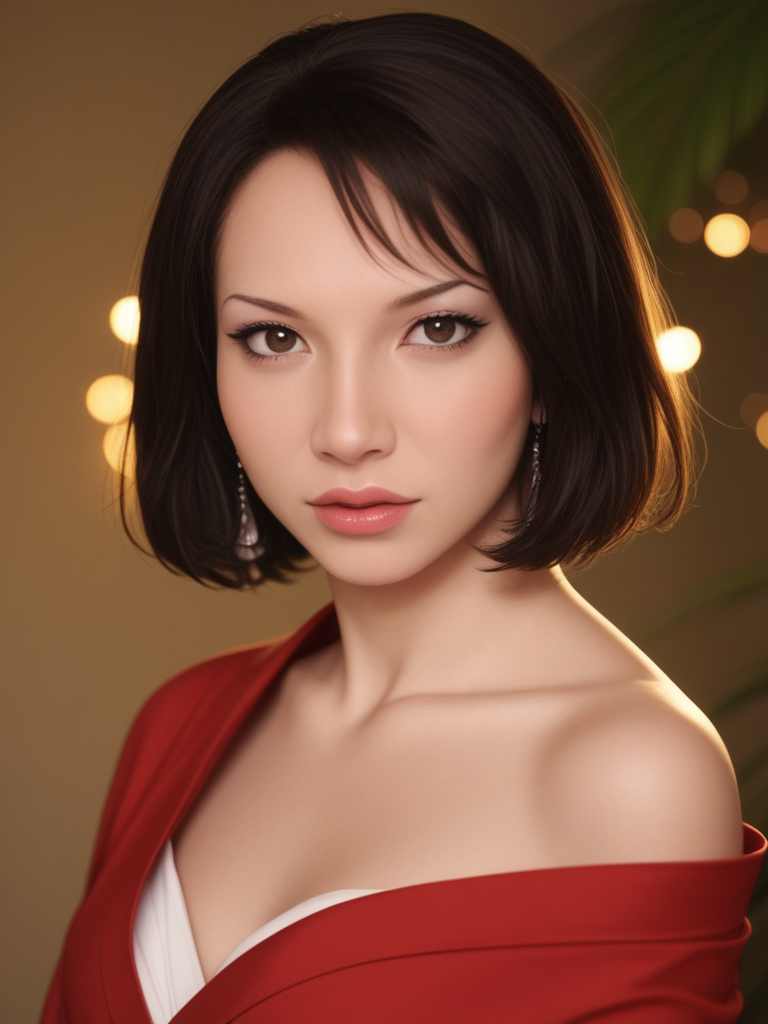 score_9, score_8_up, score_7_up, SabrinaK4mo3i, Sabrina Kamoei, <lora:SabrinaK4mo3i-pony:1>,  1girl, makeup, lips, short hair, ((bobbed hair)), bangs, dark hair, big lips, wearing red kimono, tropical, ascott, solo, looking at viewer, bokeh, focus, film, velvia, artistic, best quality, photograph, focus, face focused, magic hour, photography, warm light, sunset, movie still,