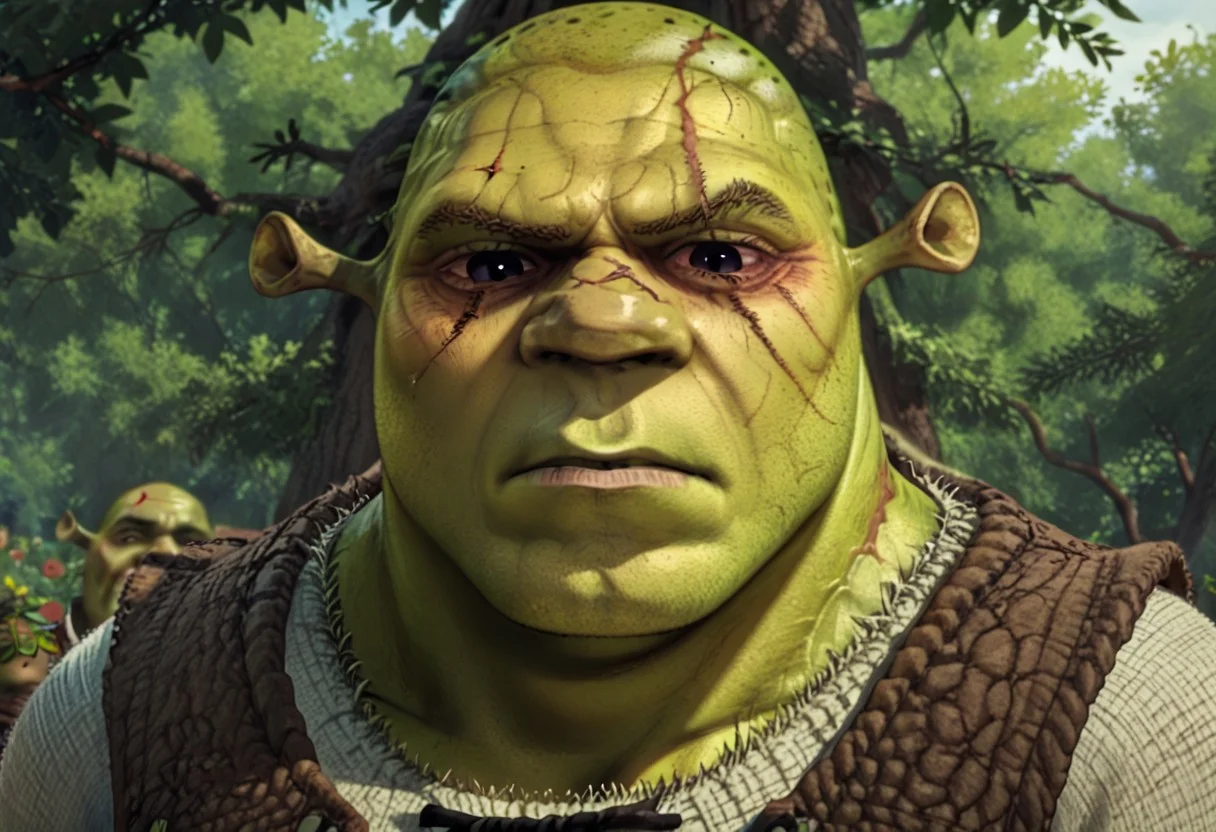 male focus, score_9, score_8_up, score_7_up, 1boy, shrek, green skin, bald, Ogre ears, WitcherToxinV1, veins, scars, scar, Heavytoxin, black eyes,