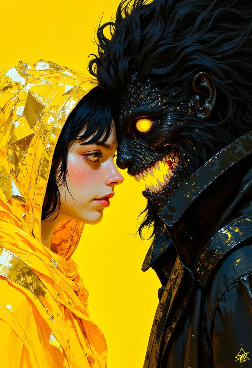 weibo,drawing,illustration retro 90's,Yoshiaki Kawajiri,Yutaka Minowa,Yūji Ikehata,chromatic aberration,detail,cinematic view,volumetric lighting,perspective,urreal,split_face,half_monster_mask,black_fur, jagged_teeth,yellow_mirror_shards, reflective_background,disturbing_aesthetic,innocence_meets_horror,gritty_texture, otherworldly,melancholic_mood,minimalist,thick_linework,surreal,cinematic, intense_detail,photorealistic,(sharp focus:1.3).A stylized character with a striking appearance.A surreal, high-contrast portrait of a mysterious girl with half of her face obscured by a dark, monstrous mask. Her visible eye is wide and glowing yellow, matching the eerie yellow backdrop is composed of bright yellow shards of mirrors, reflecting fragmented light that makes her expression both haunting and intriguing. The monster mask is furry, black, and grotesque, with a yellow eye and a jagged-toothed grin, creating a disturbing yet fascinating fusion of human and creature. both with yet intense expressions as they gaze at each other closely. They are wrapped together in flowing, bright yellow fabric that swirls around them, creating a striking contrast. The woman leans forward slightly, while the mask mirrors her gesture, creating a sense of intimacy and connection. adding a subtle pop of color that complements the surreal scene. The image has a bold, graphic style with a high-contrast color scheme, emphasizing the unsettling blend of innocence and horror.
DB4RZ, DB4RZ style painting