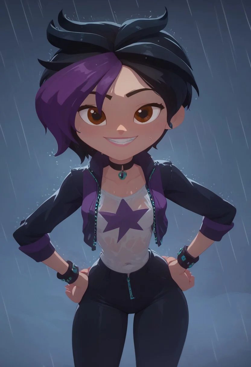 score_9, score_8_up, score_7_up, 1 girls, kira, mangamaster artstyle , detailed eyes, chocker, hot girl, petite body, defined chest, brown eyes, two-tone purple and black hair, bracelets, thin eyebrows, cute pose, soft tummy, black jacket , sweating, looking up at viewer, wet sweater, midrif, toned body, soft tummy, standing in rain, rainy weather, dark thunder clouds, lightning , lightning bolt, pov, short girl, wide hips, thicc hips, pixie haircut, evil grin, squinting eyes, sassy pose, looking up at viewer, black pants, lowered eyelids, bedroom eyes, closed mouth, hands on hips, sealed lips, rim lighting, zipper jacket, cyan highlights
