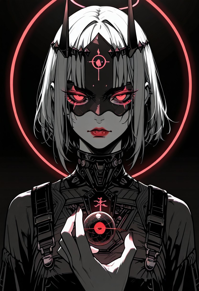 masterpiece, best quality,high quality, newest, highres,absurdres, androgynous figure against a solid black background. The subject is adorned in a futuristic, geometric costume with bold color combinations. The costume is primarily composed of horizontal black and white stripes, which create a stark contrast against the figure's pale skin. The headpiece is a large, circular shape with a gradient from red at the outer edge to white at the center, resembling a halo. The figure's face is painted in a dramatic, almost mask-like style, with a white base and striking red lips. The makeup around the red glowing eyes is heavily accentuated, giving a bold, almost exaggerated appearance. The overall aesthetic is minimalistic yet highly impactful, with a focus on clean lines and bold color contrasts. The image's lighting is carefully controlled, casting subtle shadows that accentuate the contours of the costume and the figure's features. The texture of the costume appears smooth and glossy, enhancing the futuristic and otherworldly feel of the artwork. The composition is symmetrical, with the figure centered and the headpiece extending beyond the frame, drawing the viewer's attention to the central subject. white sphere on the background, dark_theme,soft lighting,g0th1c, glowing, neon lights, glowing eyes