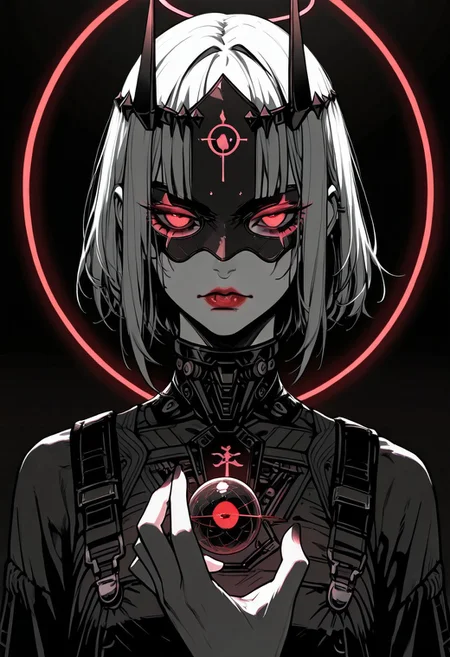 masterpiece, best quality,high quality, newest, highres,absurdres, androgynous figure against a solid black background. The subject is adorned in a futuristic, geometric costume with bold color combinations. The costume is primarily composed of horizontal black and white stripes, which create a stark contrast against the figure's pale skin. The headpiece is a large, circular shape with a gradient from red at the outer edge to white at the center, resembling a halo. The figure's face is painted in a dramatic, almost mask-like style, with a white base and striking red lips. The makeup around the red glowing eyes is heavily accentuated, giving a bold, almost exaggerated appearance. The overall aesthetic is minimalistic yet highly impactful, with a focus on clean lines and bold color contrasts. The image's lighting is carefully controlled, casting subtle shadows that accentuate the contours of the costume and the figure's features. The texture of the costume appears smooth and glossy, enhancing the futuristic and otherworldly feel of the artwork. The composition is symmetrical, with the figure centered and the headpiece extending beyond the frame, drawing the viewer's attention to the central subject. white sphere on the background, dark_theme,soft lighting,g0th1c, glowing, neon lights, glowing eyes