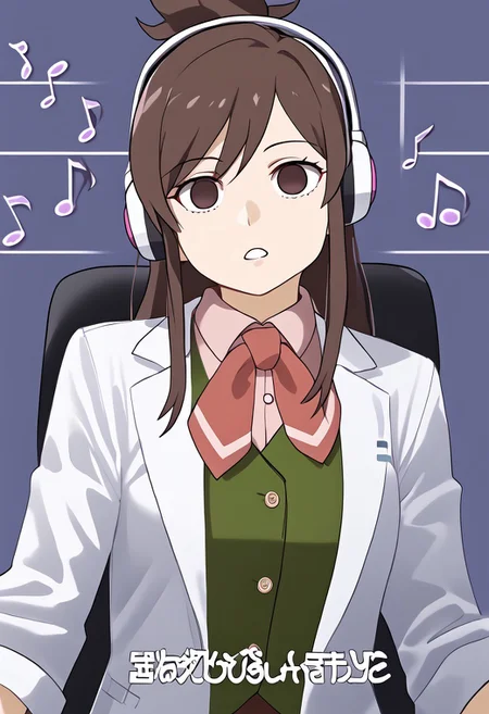 Ema being hypnotized by music from headphones,
score_9, source anime, lewd, 1girl,
mind control, hypnotized, empty_eyes, blank stare, slack jaw, hypnotic music, no pupils,
large headphones, music notes from headphones, leaning back in chair, swivel chair, hands hanging down, sound effects from headphones, diagonal view,
ema skye, half updo, white lab coat, sleeves rolled up, green vest, red neckerchief, brown pants