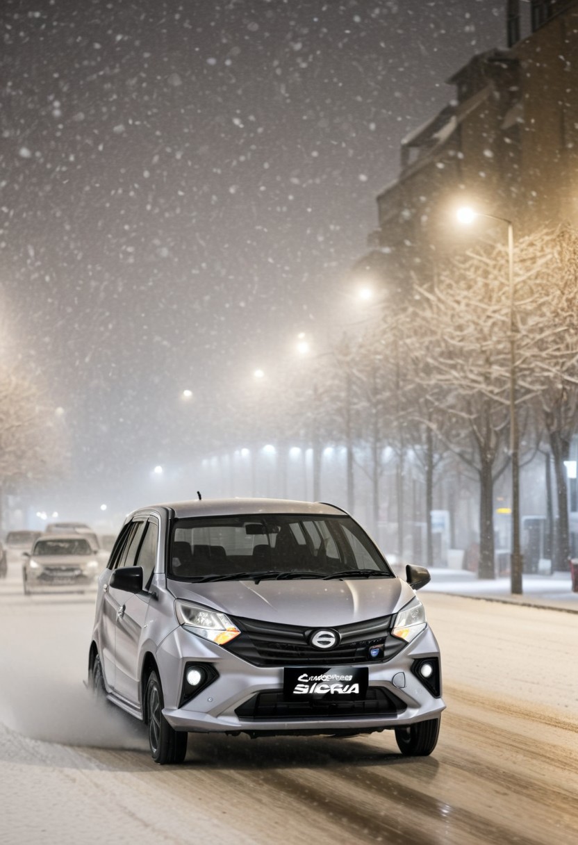 high resolution, best quality, Car, Daihatsu Sigra, Snowy night, city streets, festive,