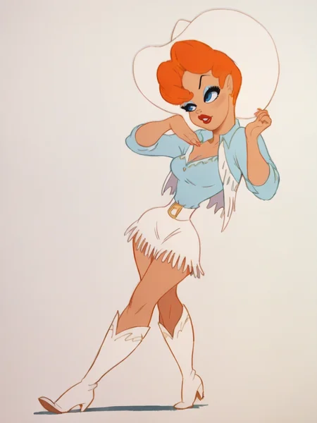 score_9, score_8_up, score_7_up, score_6_up, score_5_up, <lora:texaveryXLP:1> tex avery, 1girl, orange hair, solo, lipstick, blue eyes, short hair, cowboy western, boots, cowboy hat, skirt