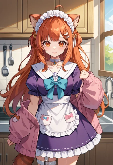score_9, score_8_up, source_anime, 1girl, solo, RatnaMd, orange eyes, animal ears, orange hair, long hair, ahoge, hair ornament, maid headdress, white choker, white sailor collar, blue bowtie, purple dress, waist apron, frilled dress, pink cardigan, off shoulder, white thigh strap, indoors, kitchen, smile, <lora:ChamRatnaPetitPonyXL:1>