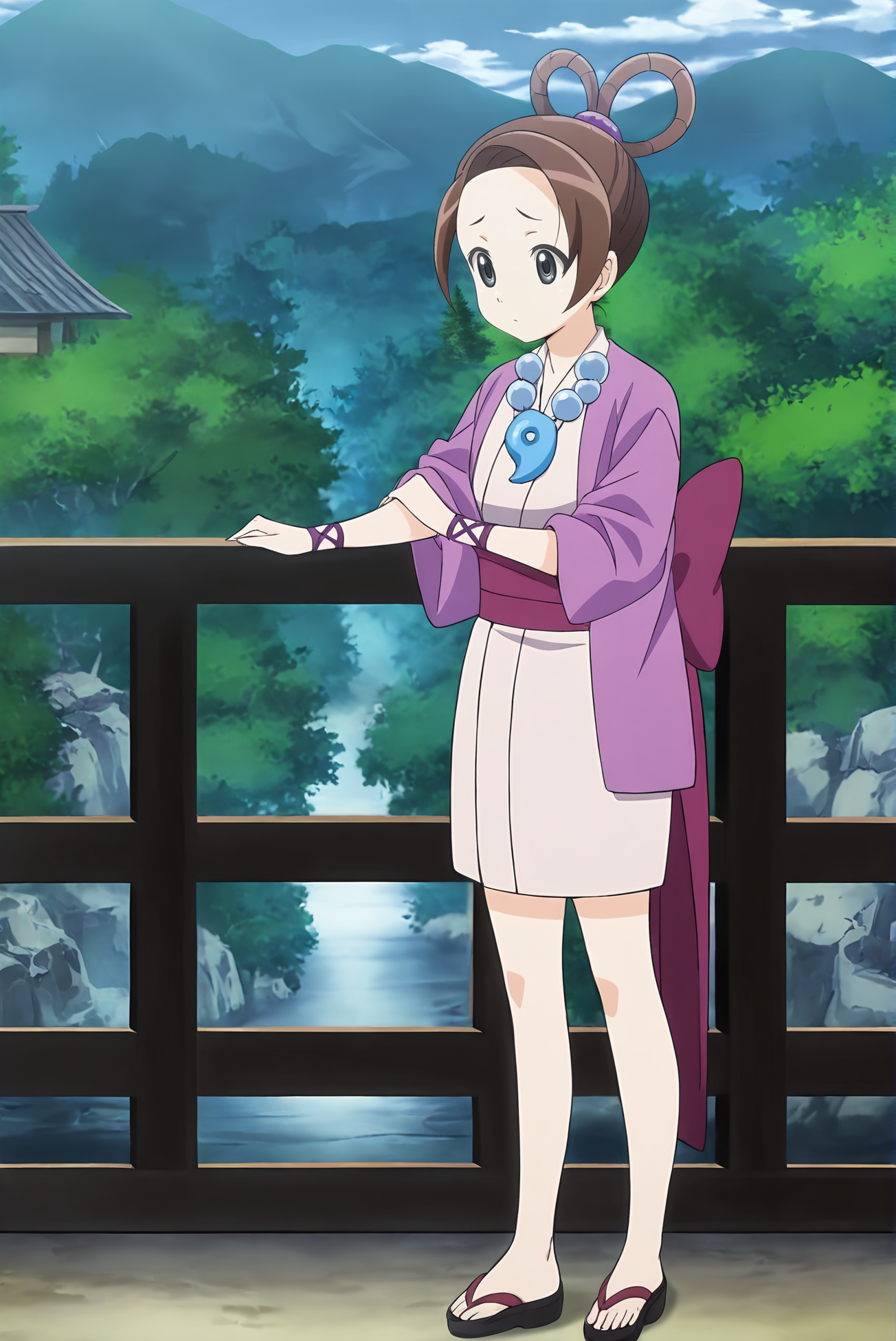 anime screencap,anime coloring,detailed face,masterpiece,best quality,very aesthetic,absurdres,amazing quality,ultra detailed,highres,amazing quality,scenery,beautiful detailed hair,beautiful detailed eyes,official anime artwork,<lora:Pearl Fey-IL V1:1>,Pearl Fey,1girl,japanese clothes,magatama,brown hair,necklace,kimono,jewelry,solo,hair rings,grey eyes,sandals,sleeves pushed up,