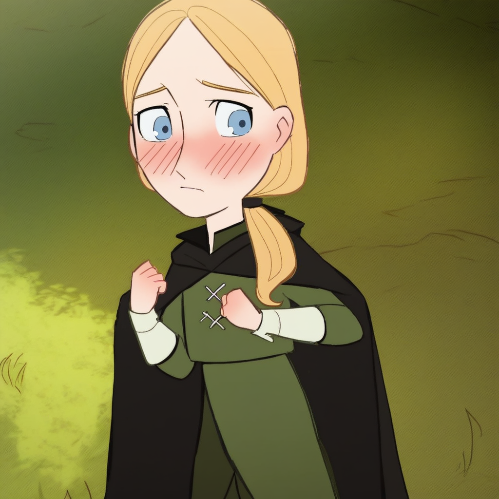 score_9, solo, robingoodfellowe, blonde hair, ponytail, blue eyes, cape, blush, outdoors