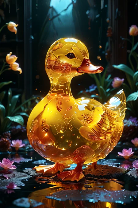 gl4ssj3m, glass Yellow duck , Gem , glitter, glowneon,
<lora:gl4ssj3mSDXL:1>
<lora:sdxl_lightning_8step_lora:1>
<lora:add-detail-xl:0.2> <lora:glowneon_xl_v1:0.9>
intricate diorama, photorealism, intricate details, extremely detailed, masterpiece, masterpiece, outstanding intricacies, best quality, hires textures, high detail, incredibly detailed, cinematic lighting, creating an endearing expression as it gazes directly into the camera.
casting an eerie glow that illuminates their surroundings.
the figure's stance is firm and unwavering, casting a gentle glow on its surroundings. its location within the room is not discernible from the image, circular windows, warm light. this gives the impression of a bioluminescent creature, intricately detailed, true masterpiece, uhd, vibrant neon, studio quality overall detail, painstaking attention to details, uhd (3d framed)