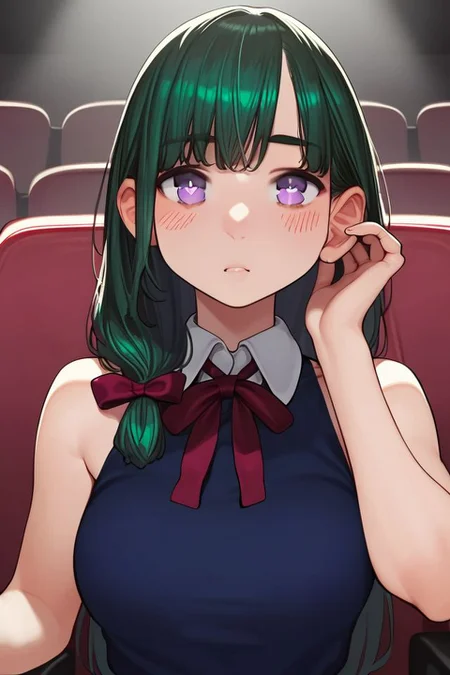 score_9, score_8_up, score_7_up, 1girl, pupils sparkling, dark_green hair, long_bangs, low-tied_long_hair, light_purple eyes, large breasts, neck ribbon, movie theater, foggy atmosphere <lora:yomu_(sgt_epper)_PonyXL_style_v01:1>