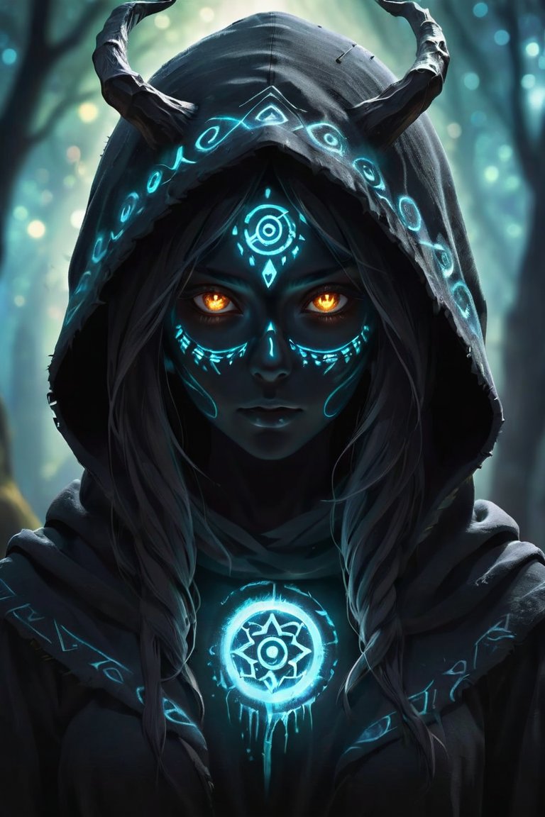 A ghostly female silhouette. Messenger of Nature God. Exiled shaman. integral mask.dark canvas toge. Canvas hood. Runic circle. Elements. Power from inside. Glowing eyes. Bokeh blur. photorealistic,