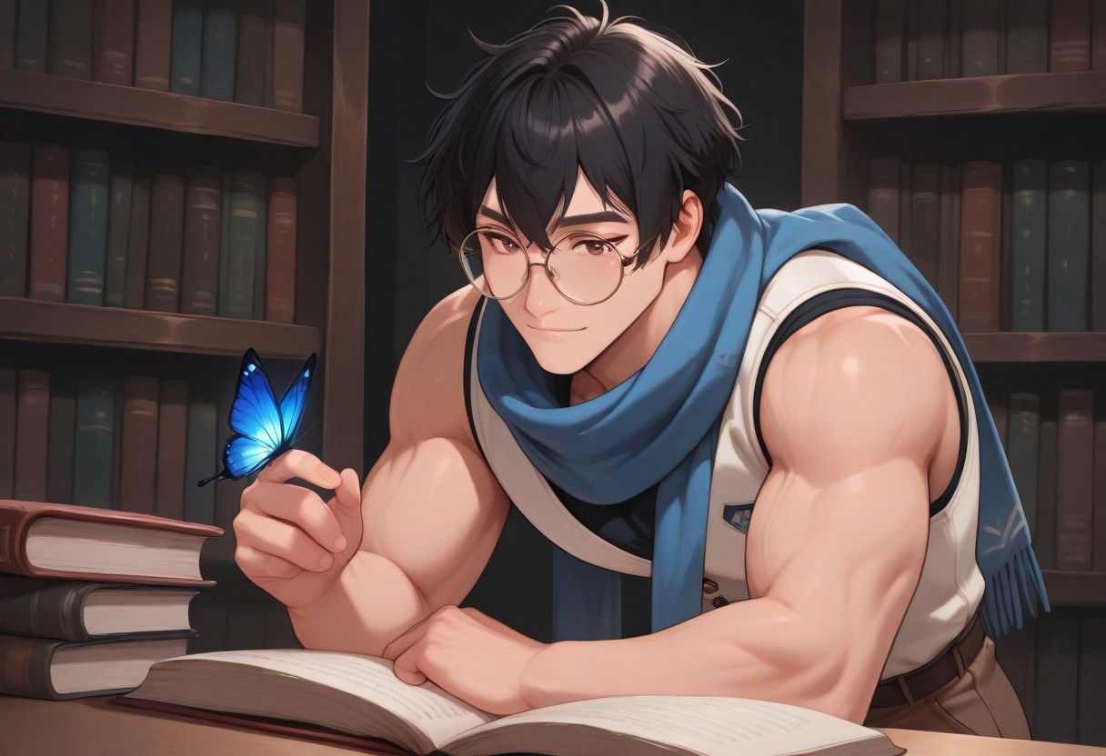 black hair, messy hair, white vest, blue scarf, black, shirt, brown pants, brown shoes, brown eyes, absurdres, newest, perfect quality, best quality, intricate details, highres, perfect hands, perfect anatomy,very awa,ultra detailed,masterpiece,best quality ,newest,perfect quality,detailed background,intricate details, detailed background,perfect hands, handsome, natural skin texture,muscular male,large circular glasses,buttlerfly in hand, perfect eyes, big eyes, deytailed eyes, light smile, blue butterfly on hand, book, manly, big library,