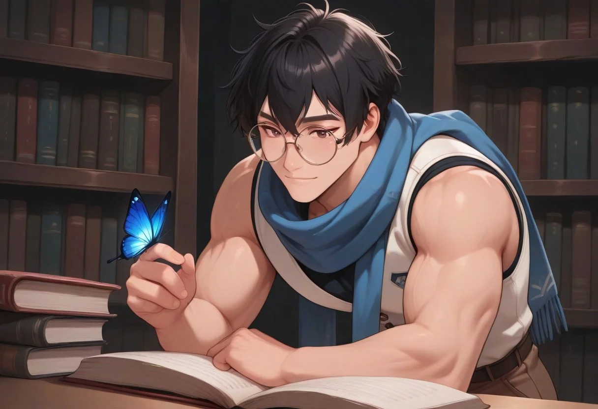 black hair, messy hair, white vest, blue scarf, black, shirt, brown pants, brown shoes, brown eyes, absurdres, newest, perfect quality, best quality, intricate details, highres, perfect hands, perfect anatomy,very awa,ultra detailed,masterpiece,best quality ,newest,perfect quality,detailed background,intricate details, detailed background,perfect hands, handsome, natural skin texture,muscular male,large circular glasses,buttlerfly in hand, perfect eyes, big eyes, deytailed eyes, light smile, blue butterfly on hand, book, manly, big library,