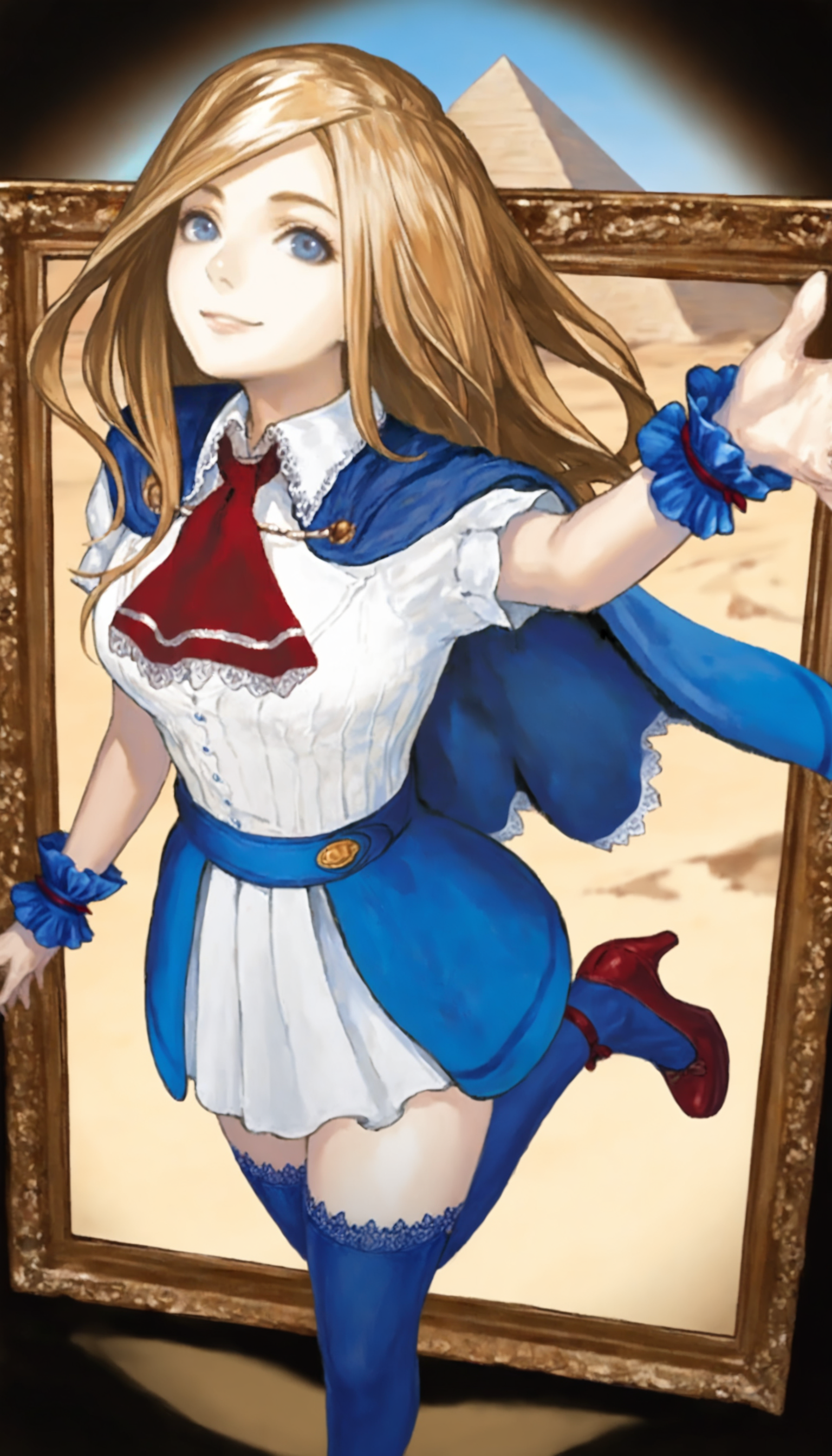 masterpiece,best quality,amazing quality,
<lora:charlotteAullinNAI:1>,charlotteaulin,
1girl,solo,
brown hair,long hair,
blue eyes,looking at viewer,smile,blue cape with white lace trim,
white lace trim collar,red tie with white lace trim,white dress,blue wrist cuffs,short puffed sleeves,blue lace thigh socks,red heels,
from above,(pop from picture frame:1.1),looking up,reaching out,(standing on one leg:1.1),
blurry background,depth of field,vignetting,
pyramid in the background,desert,a big picture frame in background,