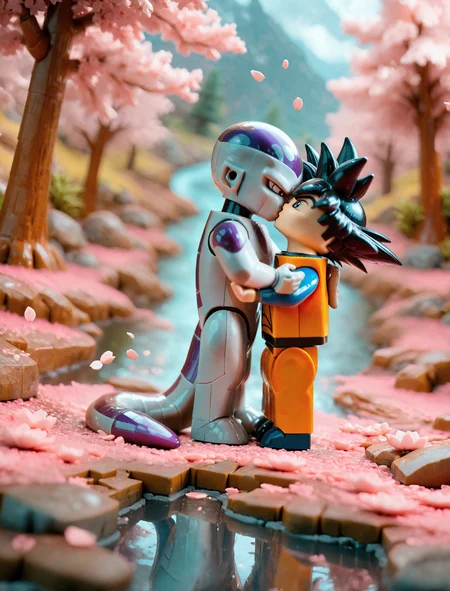 masterpiece, best quality, amazing quality, very aesthetic, highly detailed, absurdres, cinematic, blurry background, l3g0, 2boys, goku, black hair, frieza, kissing, hug, standing, river, sakura tree, petals, dutch angle