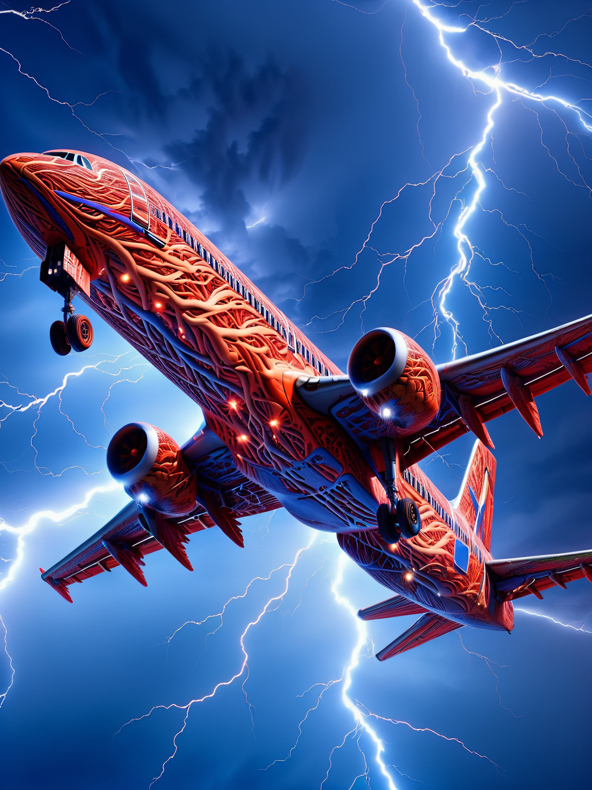 A ais-vesselz airplane, struggling to fly in a heavy thunderstorm. With ais-vezzelz lightning. A stunning visual, full of peril. HDR. <lora:Vessels_Style_SDXL:1><lora:EnvyBetterHiresFixXL01:0:hr=1>