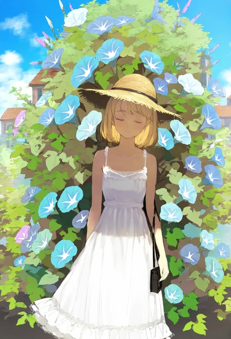 1girl, dress, solo, closed eyes, flower, hat, outdoors, bag, white dress, sky, blonde hair, cloud, blue sky, short hair, day, morning glory, blue flower, handbag, plant, tree, straw hat, building, sundress
,masterpiece,best quality,very aesthetic,absurdres,
<lora:åºæ°´fornoob:0.95>