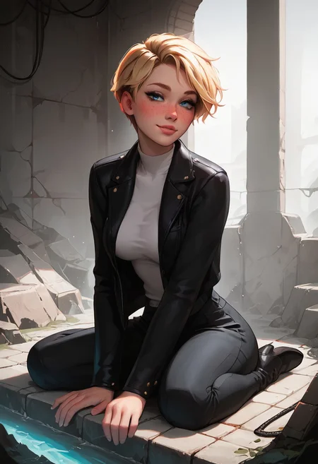 score_9, score_8_up, score_7_up, score_6_up, score_5_up, score_4_up, 1girl, mischievous, fit woman, 29 year old, face focus, blush, blonde, short pixie hair, hair shaved off, beautiful face, blue eyes, toned, wide hips, slender, perfect medium breasts, freckles, nice butt, (realistic lighting, natural lighting, soft lighting, subsurface scattering,):1.3), beautiful, (blue eyes), detailed face, realistic face, make up, sm eyeshadow, long eyelashes, eyeliner,full lips, perfect hands, great view,pose, skindentation, freckles, jewelry, full lips, fit woman, Expressiveh, hourglass body shape, smiling, 
Black suit jacket, black pants, white shirt,
ruanyi0826,ruins,water,cable,indoors,drainpipe, (underground tunnels:1.2), sitting
glowing, neon