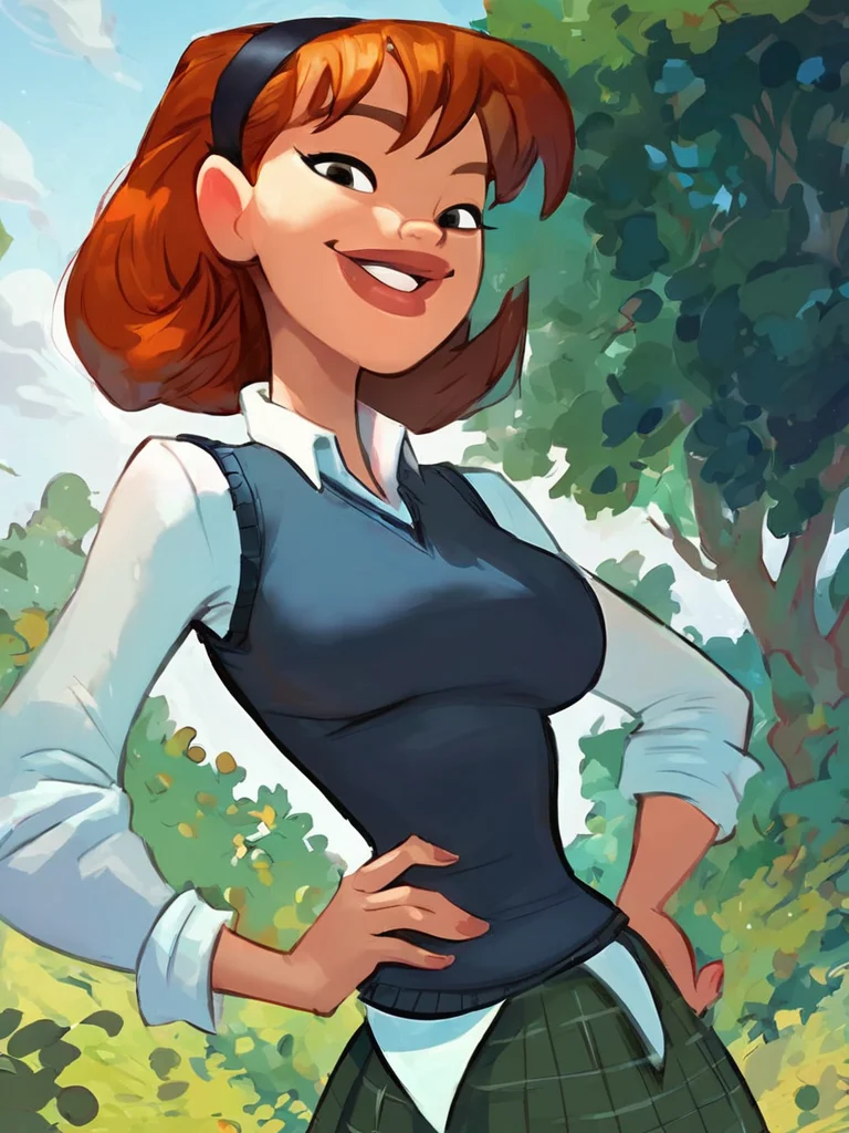 sharona, 1girl, hairband, breasts, solo, lips, school uniform,sweater vest,looking at viewer, smile, hand on own hip, score_9, score_8_up, score_7_up, score_6_up <lora:SharonaPony1.0:1> outdoors,