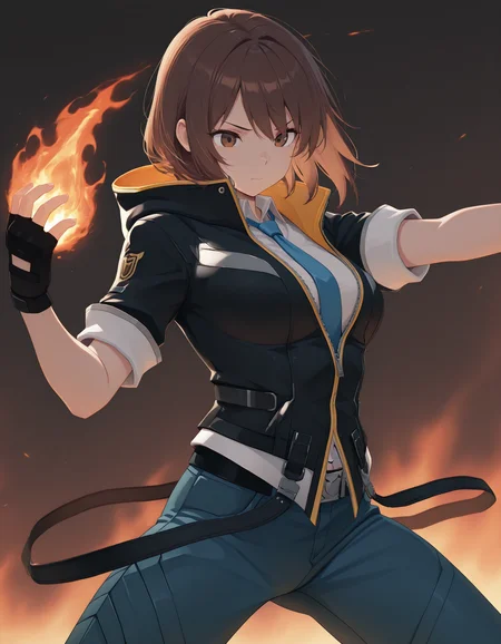 <lora:JINSOUTFITDEFAULTV3_5:0.9>ã1girl,solo,white shirt,short sleeves,blue pants,black jacket,black gloves,fingerless gloves,belt,collared shirt,hood down,blue necktie,brown hair,brown eyes,  best quality,masterpiece, amazing quality,detailed_eyes,fighting,fire,medium breasts,