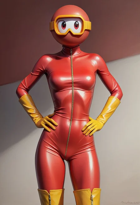 score_9, score_8_up, score_7_up, score_6_up, score_5_up, score_4_up, pooka, red body suit, yellow ski googles, yellow elbow gloves, yellow kneehigh boots 1girl, woman, female, solo, breasts, latex, skin tight, from front, white visor, cartoon eyes, hands on hips, round head, painterly, faux traditional media, realistic,