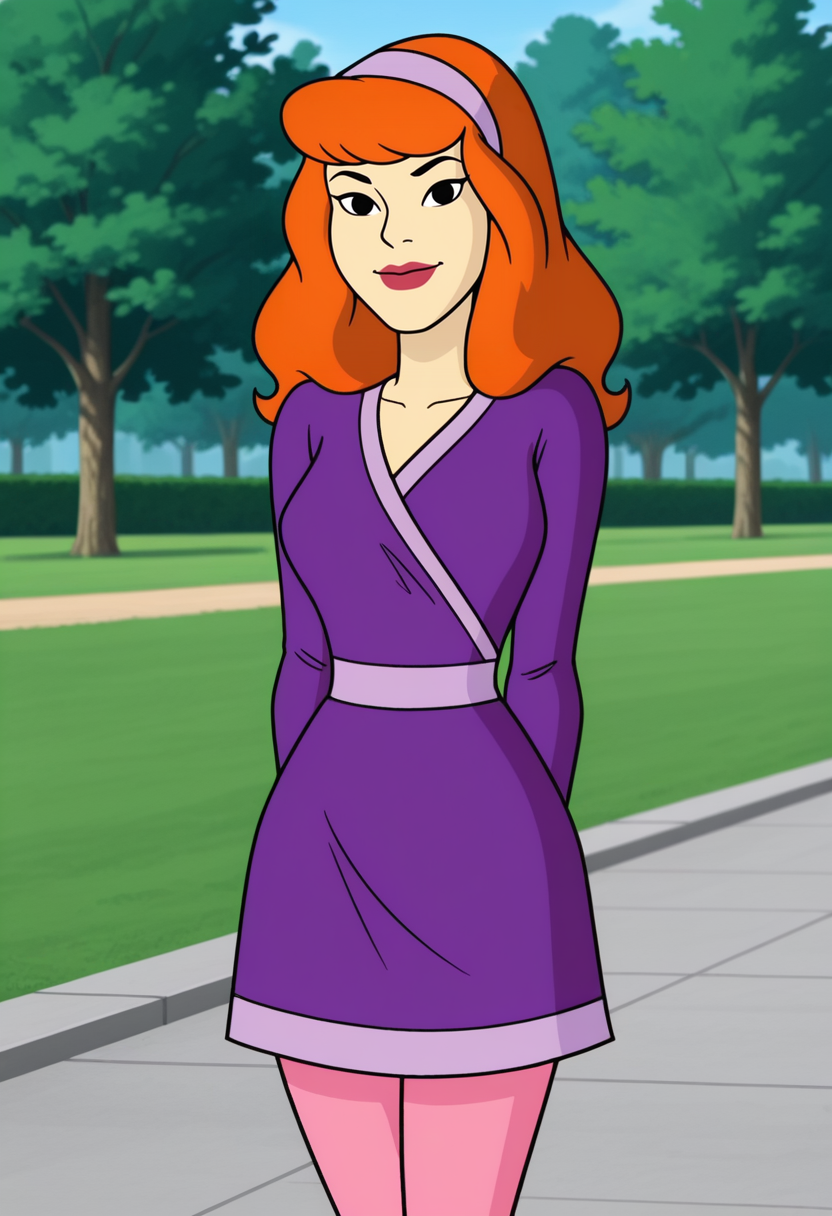 <lora:dmd2fast_sdxl_4step_lora_fp16:0.8> <lora:Daphne_WNSD_Illus:1> daphne_blake_wnsd, 1girl, solo, lipstick, hairband, long hair, orange hair, purple dress, pantyhose, makeup,cowboy shot,  outdoors, park, smile, looking at viewer, arms behind back,