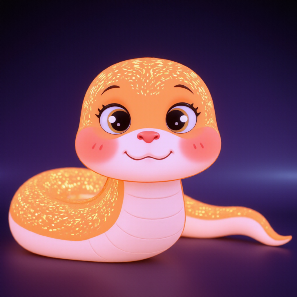 shebaobao, neouv, a cartoon baby snake with glowing illuminated iridescent scales.  <lora:shebaobao_flux_snake_Cartoon_v2.safetensors:1.0>