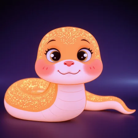 shebaobao, neouv, a cartoon baby snake with glowing illuminated iridescent scales. <lora:shebaobao_flux_snake_Cartoon_v2.safetensors:1.0>