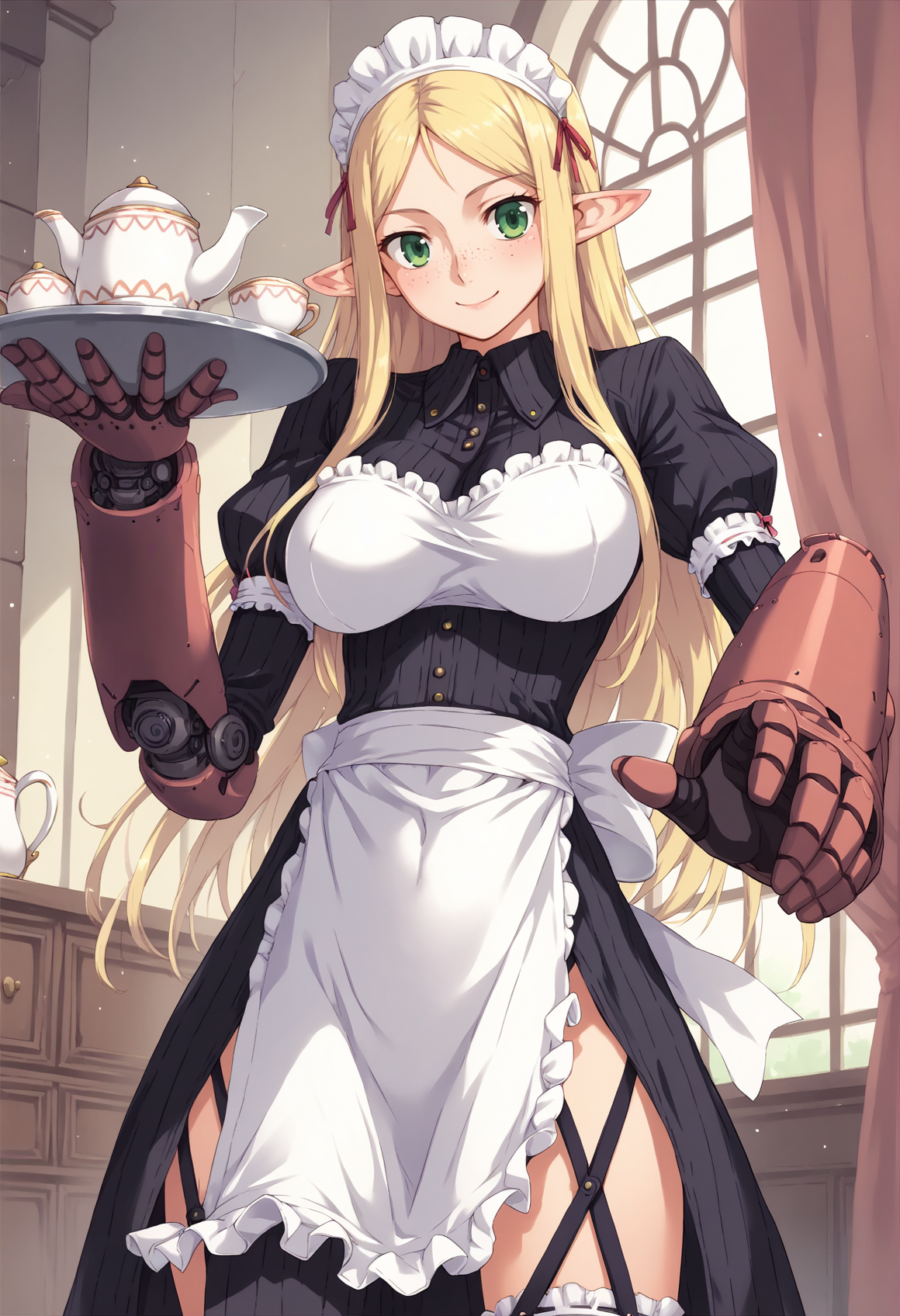 1girl, long hair, blonde hair, green eyes, freckles, pointy ears, maid, maid headdress, dress, apron, straps, mechanical arms, mechanical legs, standing, smile, holding tray, teapot, tea cup, indoors, mansion, cowboy shot  <lora:Vante_Queens_Blade_Rebellion_XL:0.8>, score_9, score_8_up, score_7_up, score_6_up, score_5_up, score_4_up, BREAK source_anime, masterpiece