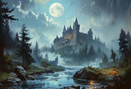Dracula's castle on a hill, trees, turbulent rivers, dark sky, large full moon. oil painting, ethereal, fantasy, hyperdetailed, mist, horror, sinister by Greg Rutkowski, Gustave Doré, Thomas Kinkade and James Gurney