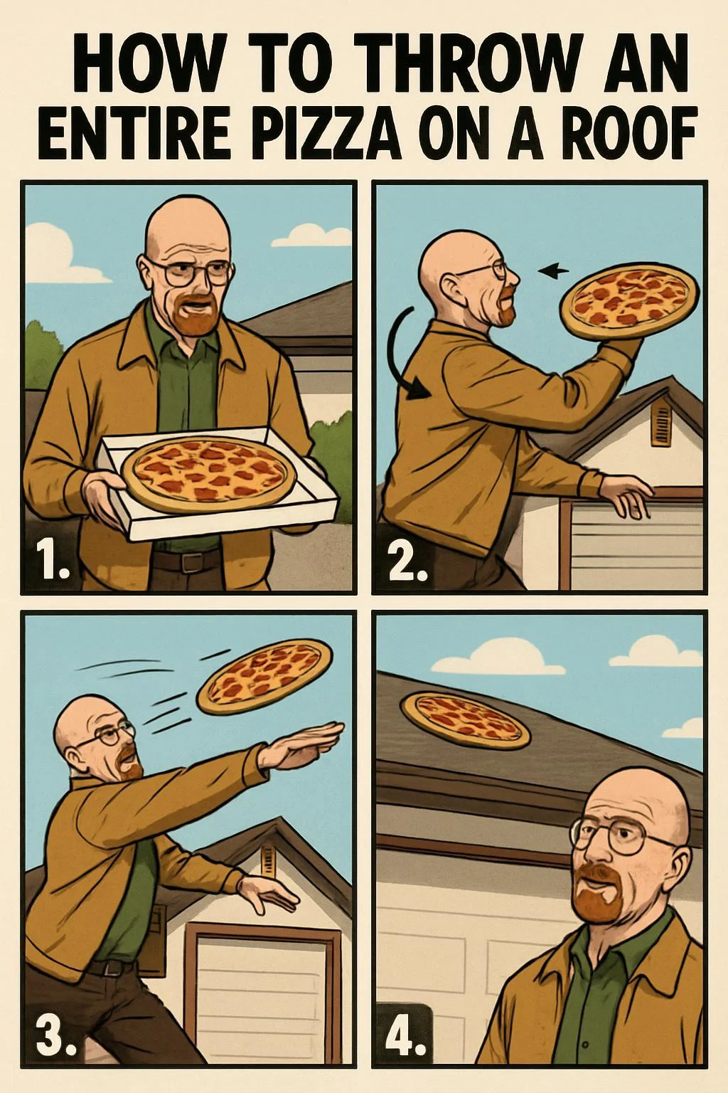 Tutorial for how to throw an entire pizza on a roof with Walter White