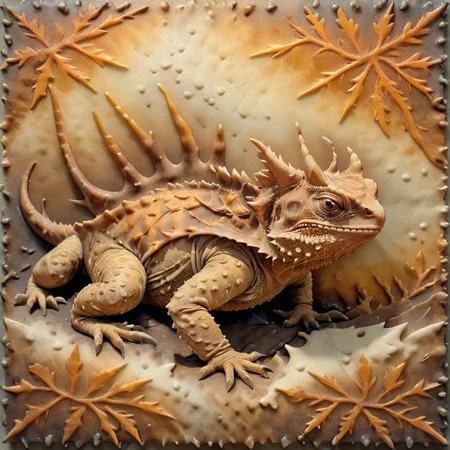 male animal print, horned lizard, athletic, encaustic, fleece, folk art style, Gradual Fade, shades of brown, tartan pattern, infrared effect, vintage film grain accents, seamless, pebbled texture, metallic finish <lora:artfully_ETHEREAL-GEOMETRIC-FLORAL-FUSION:1>,