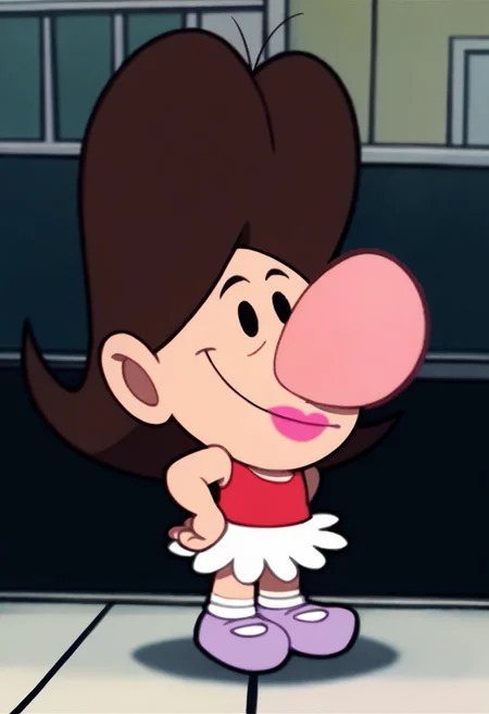 score_9, score_8_up, score_7_up BREAK BlandyGrim, 1girl, brown hair, black eyes, big pink nose, fuchsia lipstick, red tank top, white skirt, socks, light purple mary jane shoes, full body, smiling at viewer,